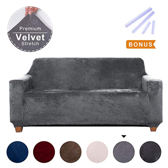 ACOMOPACK Sofa Cover for 3 Cushion Couch Velvet Stretch Couch Cover Recliner Chair Cover Couch Slip Covers for Furniture Sofa Loveseat Cover Protector for Dogs with Plastic Tuckers and Side Pocket