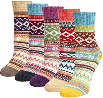 Justay 5 Pairs Merino Wool Socks, Thicken Thermal Womens Crew Sock for Hiking Backpacking Climbing Winter