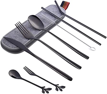 Portable Utensils Set with Case, Reusable Office Flatware Silverware Set, Healthy & Eco-Friendly 9pc Stainless Steel Knife Fork Spoon Fruit Fork Dessert Spoon Cleaning Brush Metal Straw Portable Case