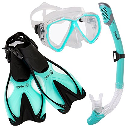 Adult Diving Gear - Snorkel Mask & Fins Set, Double Lens Mask; Snorkel w/Dry Top & Adjustable Speed Fin