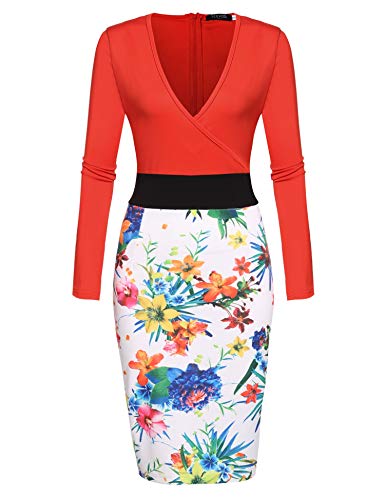 ACEVOG Women 3/4 Sleeve V-Neck Pencil Dress Bow Package Hip Slim Party Midi Knee Dress