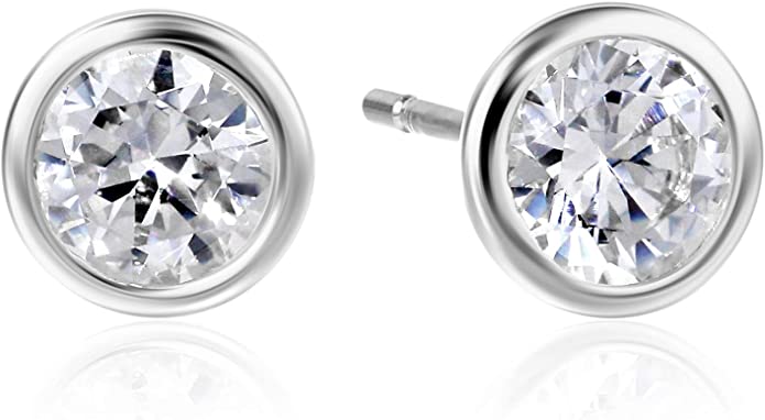Amazon Essentials Gold or Rhodium Plated Sterling Silver AAA Cubic Zirconia Bezel Stud Earrings