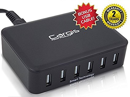 Charging Station - Most Powerful 6-Port 60W 12A Multi Charger Port. BONUS USB Cable! Smart & Fast Family Device Chargers for iPhone 6, 6 Plus, iPad Air 2, mini 3, Galaxy S6, S6 Edge & Many More. Cargis Power Products Offer Best 2 Year Warranty.