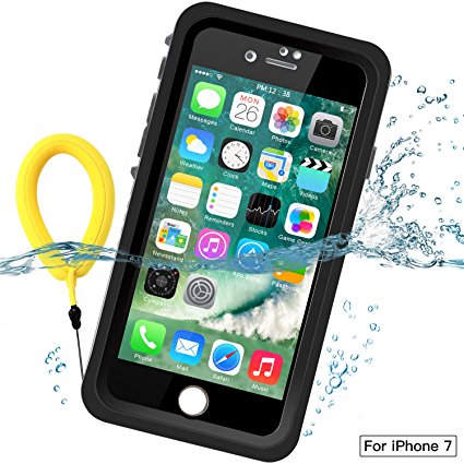 Temdan iPhone 7 Waterproof Case with Kickstand and Floating Strap Shockproof Case for iPhone 7-BLACK