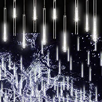 Adecorty Falling Rain Lights Meteor Shower Lights Christmas Lights 30cm 8 Tube 144 LEDs, Falling Rain Drop Icicle String Lights for Christmas Trees Halloween Decoration Holiday Wedding (White)