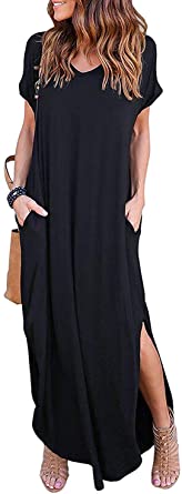 Bluetime Women Maxi Dress Short Sleeve Side Split Loose Casual Summer Long Dress