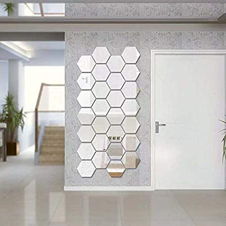 SUNIY 24 Pieces Removable Acrylic Mirror Setting Wall Sticker Decal for Home Living Room Bedroom Décor (Hexagon_Silver)