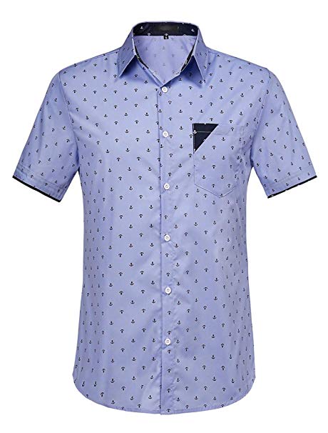 THWEI Mens Point Collar Button Down Short Sleeve Anchor Pattern Casual Collar Contrast Shirt