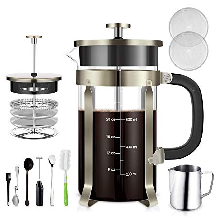 TAIKER French Press Coffee/Tea Maker (34 oz,8 cups) Heat Resistant Glass Stainless Steel Frame with Milk Frother,7 oz Frothing Pitcher,2 Stirring Spoon,2 Clean Brush & 2 Filter Screens （Bronze）