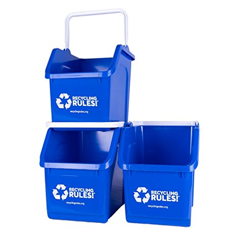 Blue Stackable Recycling Bin Container with Handle 6 Gallon - 3 Pack of Bins