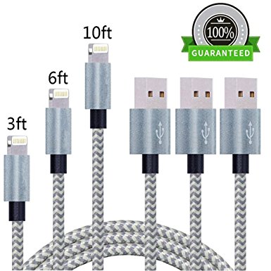 Lightning Cable, CTREEY 3Pack 3ft 6ft 10ft Nylon Braided High Speed Charging 8-Pin USB Cable Cord for iPhone Charger 7/7 Plus/6/6s/6 Plus/6s Plus (Grey Silver)