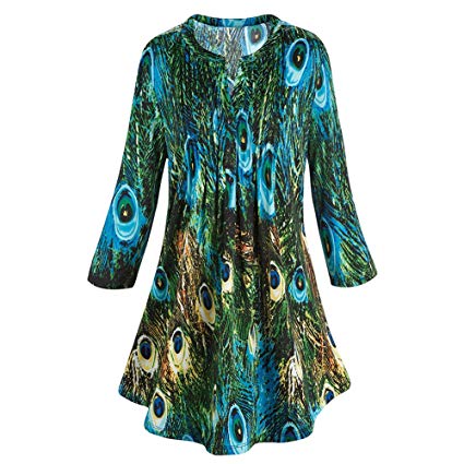 CATALOG CLASSICS Women's Tunic Top Green & Blue Peacock Feathers Pleated Blouse Pleated Bodice