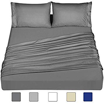 Wonwo Bed Sheets Set Queen Size, 4 Piece Microfiber 1800 Bedding Sets, Hotel Luxury Bed Sheets - Hypoallergenic 16" Deep Pocket, 4 PC 1 Flat Sheet 1 Fitted Sheet 2 Pillowcases, Dark Gray