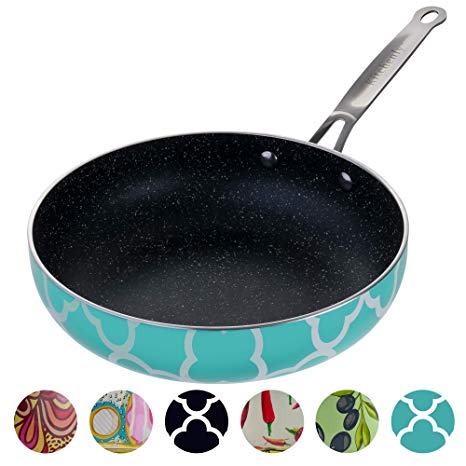 Decorative Non Stick Frying Pans - Deep Skillets Induction Ready Hard Anodized 3 layers Marble Coating 9.5 inch Pan for Cooking or Baking on Stove or Oven with Stainless Steel Ergonomic Handle