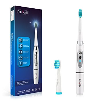 Electric Toothbrush Clean Your Teeth as Dentist 3 Optional Modes Waterproof for Shower 2 Replacement Heads with 2 AAA Batteries Sonic Toothbrush with Smart Timer White by Fairywill