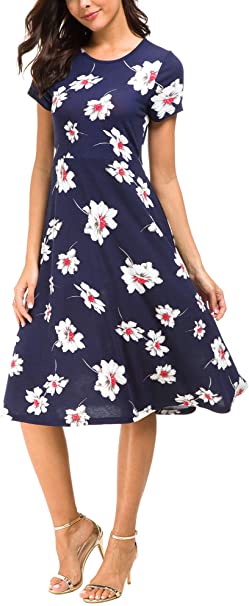 Urban CoCo Women's Floral Print Short Sleeve Flared Midi Dress