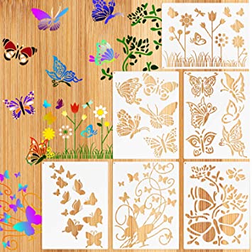 6 Pieces Butterfly Stencil Kit Dandelion Flowers Stencil Butterfly Reusable Mylar Template Stencils with Metal Open Ring for Painting on Wood Wall Home Decor DIY Crafts