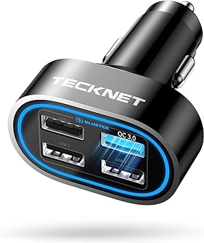 TECKNET USB Car Charger 54W 4-Port Car Phone Charger Adapter QC 3.0 Port Cigarette Lighter Charger Fast Charging Adapter Compatible with iPhone 15 Pro Max/15 Plus/15/14/13 Galaxy S23/22 Google Pixel