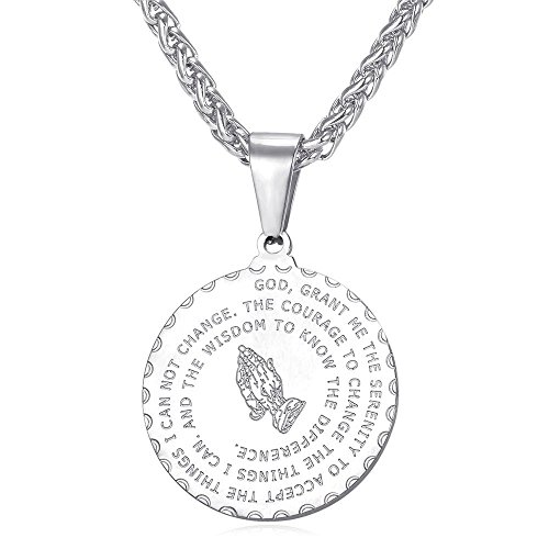 U7 Bible Verse Prayer Necklace with Free Chain Christian Jewelry Stainless Steel Praying Hands Coin Medal Pendant