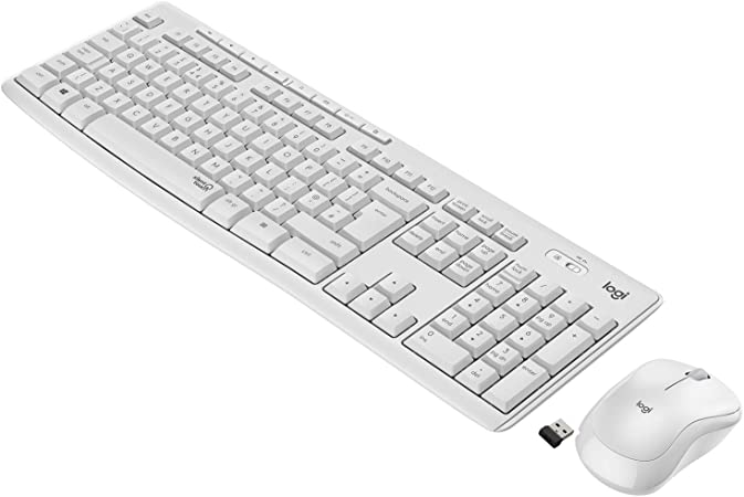 Logitech MK295 Wireless Keyboard and Mouse Combo - SilentTouch Technology, Full Number Keyboard, Shortcut Buttons, Nano USB Receiver, 90% Less Noise, QWERTY UK Layout - White