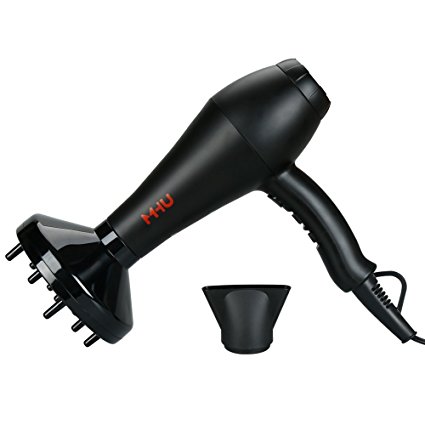 MHU Professional 1875W Salon Hair Dryer Tourmaline Ceramic Negative Ionic Far Infrared Heat Blow Dryer With Concentrator & Diffuser AC Motor 2 Speed and 3 Heating Long Cable, Black