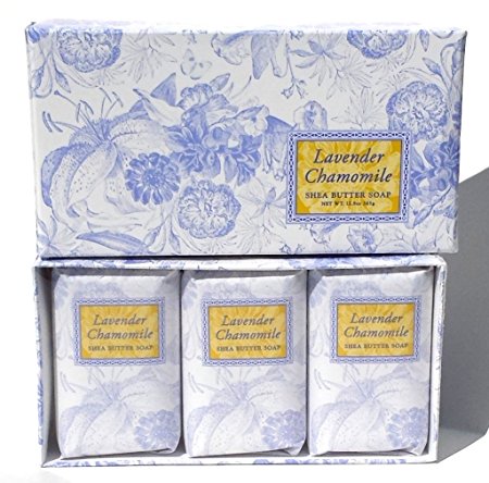 Greenwich Bay Triple Milled Soap Gift Set with Shea Butter and Cocoa Butter - Set of Three Soap Bars 4.3 Oz. Ea. Individually Wrapped in a Beautiful Gift Box (Lavender Chamomile)
