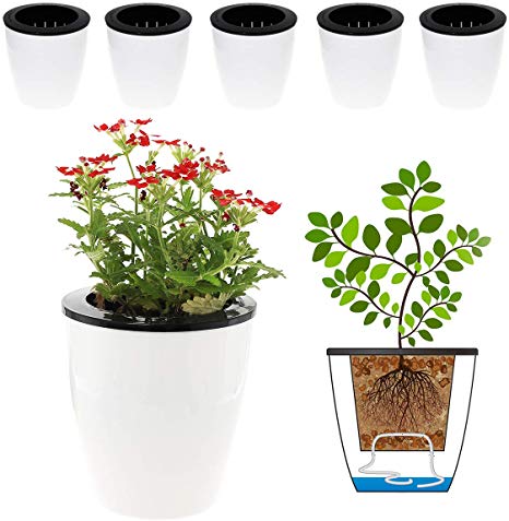 DElf 6 Pack 4.7 Inches Self Watering Planter Wicking Pots for Indoor Golden Devil's Ivy, African Violet, Ocean Spider Plant, Orchid, White Color
