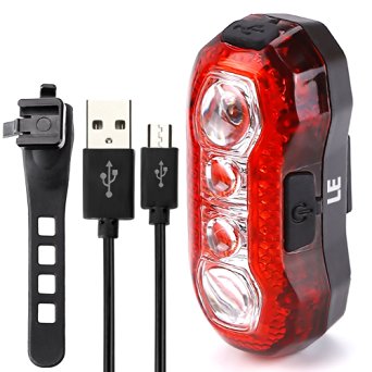 LE Super Bright Bike Light, USB Rechargeable Rear Tail Light, Waterproof Cycling Light, 4 LEDs, 5 Light Modes, Red, Cable Included, Fits on any Bicycles, Helmets or Backpacks