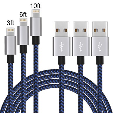 IVVO Lightning Cable 3Pack 3FT 6FT 10FT Nylon Braided 8 Pin Lightning Cable Cord USB Charging Cable charger for Apple iPhone 7/7 Plus/6/6s/6 Plus/6s Plus/5/5c/5s/SE,iPad iPod Nano iPod Touch(Blue)