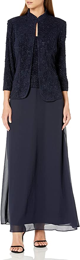 Alex Evenings Women's Jacquard Long Dress Mandarin-Neck Jacket (Petite Regular)