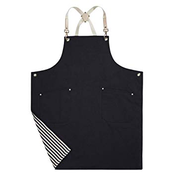 Jeanerlor Double sided (Stripe and Black) Cotton Canvas Durable Apron for Woman with Convenient Pocket, Professional Apron for Cooking,Grill and Baking Cross-Back Straps & Adjustable S to XXL