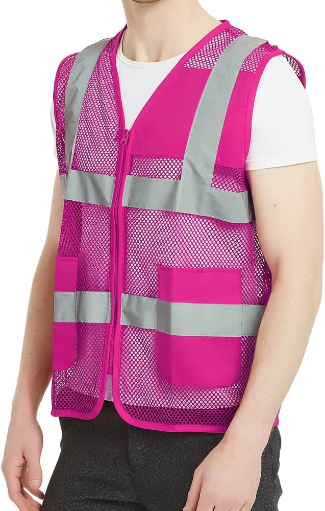 Unisex US Big Mesh Volunteer Vest Zipper Front Safety Vest with Reflective Strips and Pockets-Hot Pink1-US S