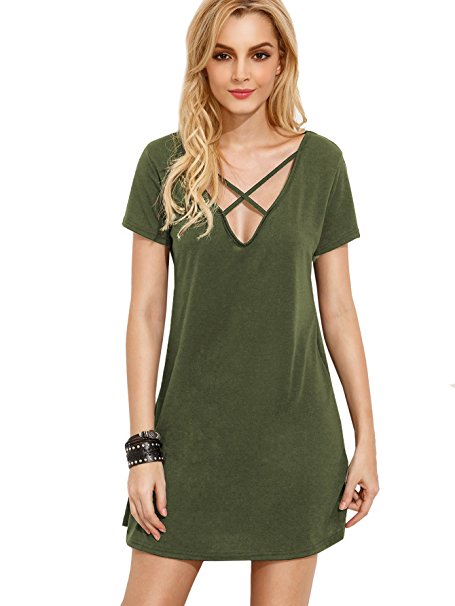 Romwe Women's Summer Short Sleeve Loose Tunic Casual T-Shirt Dress