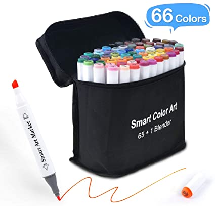 Art Markers, 65 Coloring Markers and 1 Blender, 66 Pack Alcohol Based Dual Tip Permanent Markers Highlighters with Case, Excellent for Adults Kids Coloring Marking Drawing Sketching by Smart Color Art