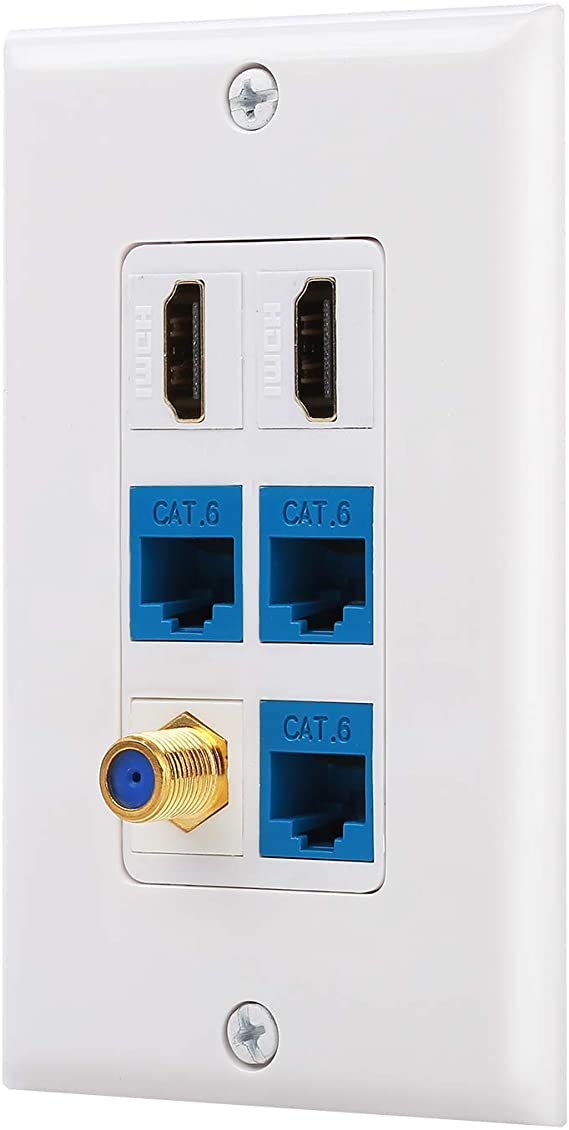 IBL-6 Port Wall Plate 3 Port Cat6  2 Port HDMI  1 Port Gold-Plated F Type coaxial Cable TV Keystone Female to Female Jack in White