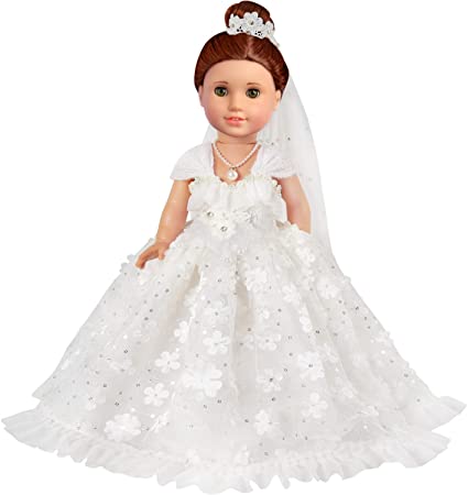 KYToy 18 Inch Doll White Wedding Outfit for American Doll Clothes and Accessories Girl Bride Flower Pearl Wedding Dress Gown with Veil and Necklace Set (3 PCS)