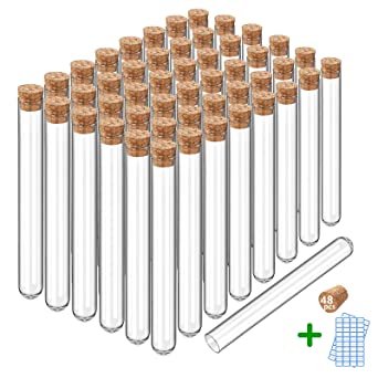 WERTYCITY 48 Pack-7ml Glass Test Tubes 12 x 100mm with Cork Stoppers and Name Labels for Scientific Tests, Party Decorations, Candy Storage, Bath Salt,Cultivated Plants