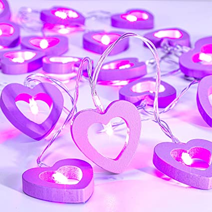 20 LED Warm Wooden Heart String Lights Fairy Lights Operated Decorative String Lamp for Valentine's Day Wedding Garden Bedroom Festival Birthday Party Decoration, 10 Feet (Purple)