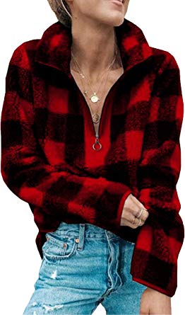 Angashion Women's Long Sleeve 1/4 Zip Up Lapel Fleece Sweatshirt Warm Plaid Fluffy Hoodies Pullover