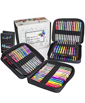 ColorIt 96 Gel Pens For Adult Coloring Books - 2 Travel Case Gel Pen Sets with 72 Glitter, 12 Metallic, 12 Neon Plus 96 Matching Colored Gel Ink Refills