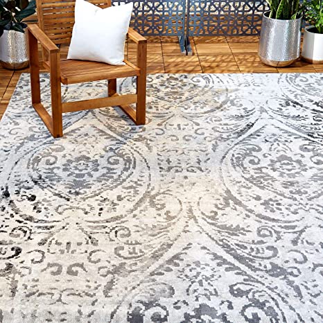 Home Dynamix Nicole Miller Patio Sofia Juniper Indoor/Outdoor Area Rug 7'9"x10'2", Distressed Damask Ivory/Gray