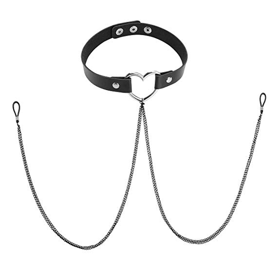 PiercingJ Fashion Adjustable Women Punk Goth Nipple Ring Black Leather Collar Choker Necklace Silicone Noose Non-Piercing Metal Body Chain Nipple Cover Chain Faux Body Jewelry