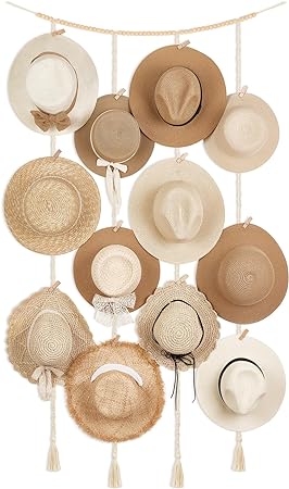 Mkono Hat Rack Hat Hangers for Wall Boho Macrame Hat Holder with Decorative Tassels and 18 Clips Modern Cowboy Womens Caps Storage Display Organizer for Wide Brim Bowler Fedora Hat