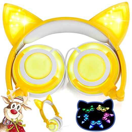 Cat Ear Headphones, AMENON Wired On-ear Foldable LED Gaming Flashing Lights USB Charger Earphone Headset for Children, Compatible with IOS Phone and Android Phone Laptop (3 Lemon)