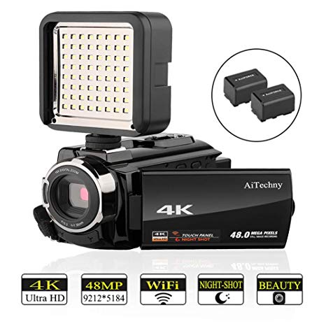 Video Camera, 4K Camcorder AiTechny Ultra HD Digital WiFi Camera 48MP 16X Digital Zoom Recorder WiFi Camera 3.0" Touch Screen IR Night Vision Camcorder with External LED Video Light and 2 Batteries