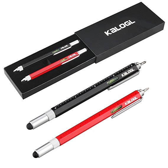 Multitool Pen [2 Pack] Stylus Pen 9-in-1 Combo Pen [Functions as Touchscreen Stylus, Ballpoint Pen, 4" Ruler, Level, Phillips Screwdriver, and Flathead] Gift (Black Red)