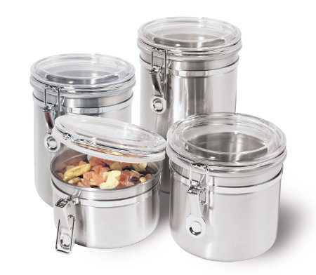 Oggi 5369 4-Piece Stainless Steel Canister Set with Airtight Acrylic Lid and Clamp-Food Storage Container