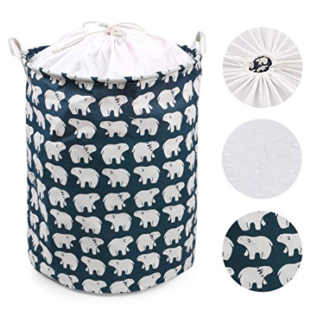 17.7" Large Dirty Clothes Laundry Basket Foldable Laundry Hamper, Waterproof Round Cotton Linen Collapsible Laundry Storage Basket with Polar Bear Printed