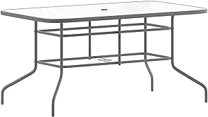 Flash Furniture Tory 31.5" x 55" Rectangular Tempered Glass Metal Table with Umbrella Hole, Silver