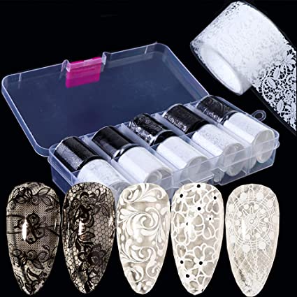 10Rolls Retro Holographic Nail Foil Transfer Stickers Black and White Lace Laser Foils Nail Art Supplies Starry Paper Designs for Acrylic Decorations Women DIY Nail Arts Manicure Wraps Charms